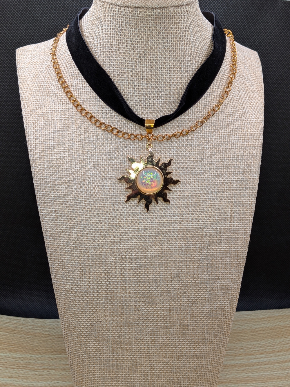 Gold Sunburst Necklace with Confetti Opalescent Center-Black Velvet Choker